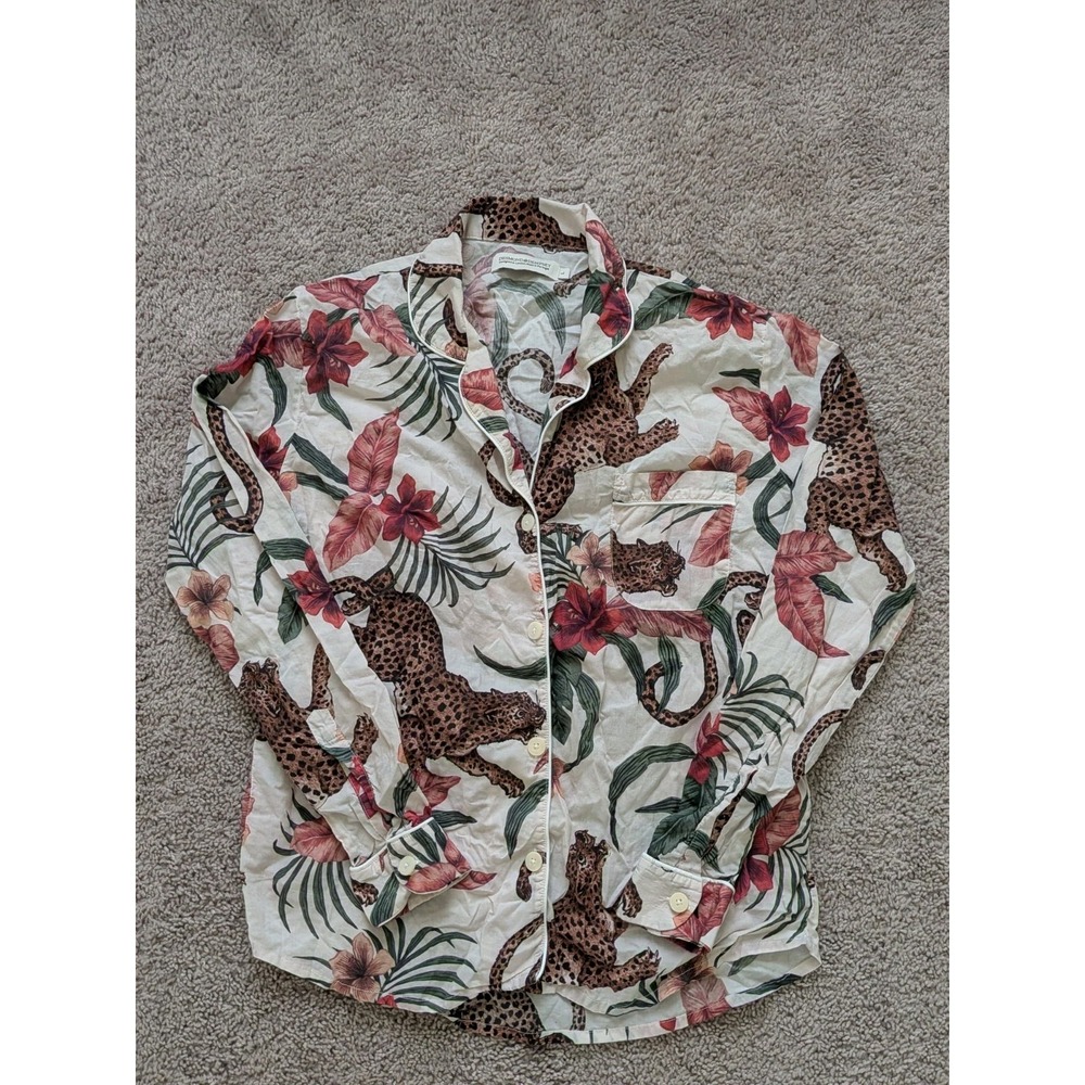 Desmond & Dempsey Soleia Print Pajama Shirt Top Women's Large Floral Cheetah